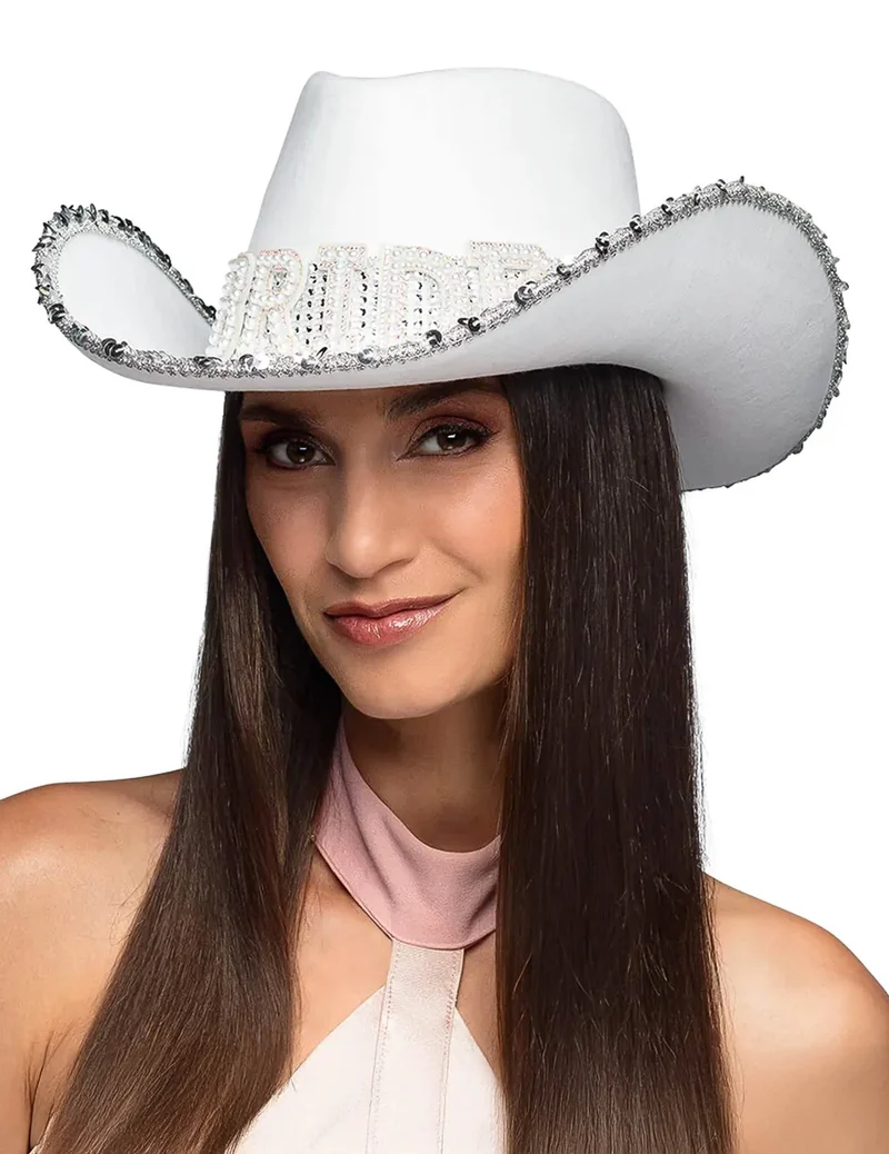 Cowboyhut mit Strasssteinen - Bride, erwachsene, weiß