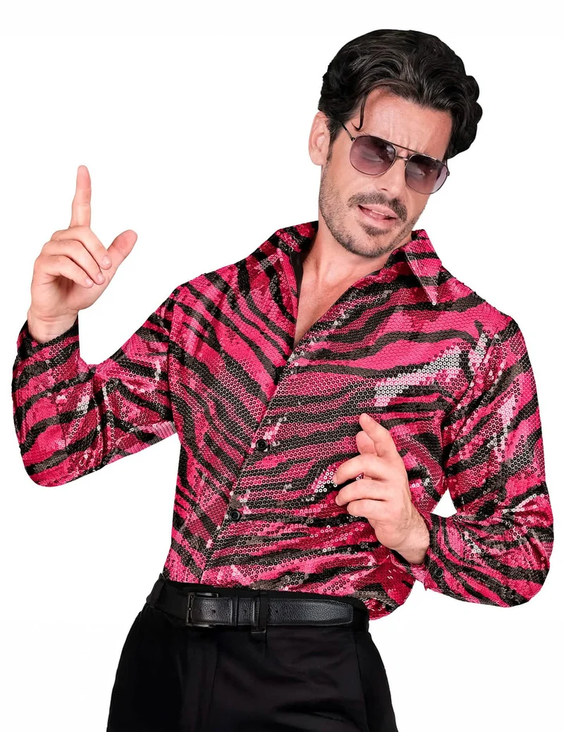 Pinkes Paillettenhemd mit Tigerprint für Herren