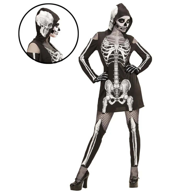 Halloween Kleid Damen Skelett mit Kapuze