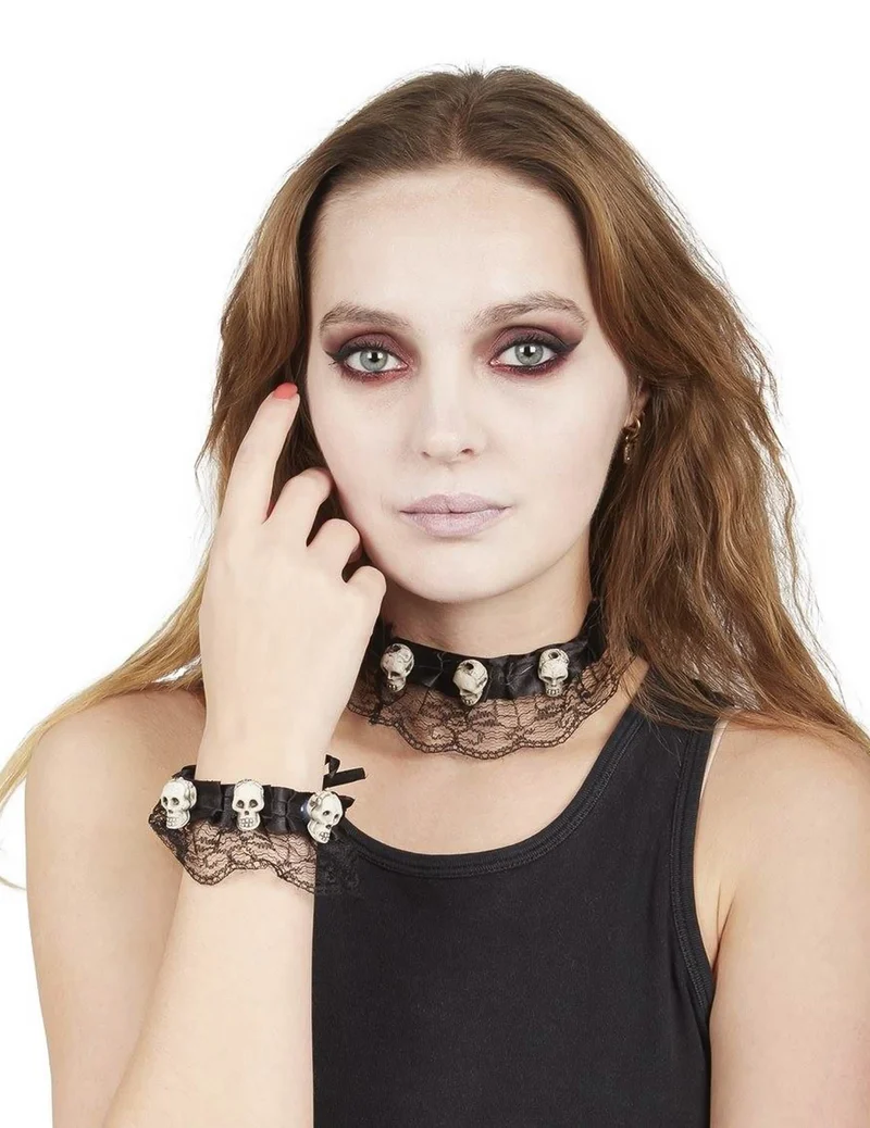 Totenkopf-Schmuckset aus Spitze schwarz-weiss