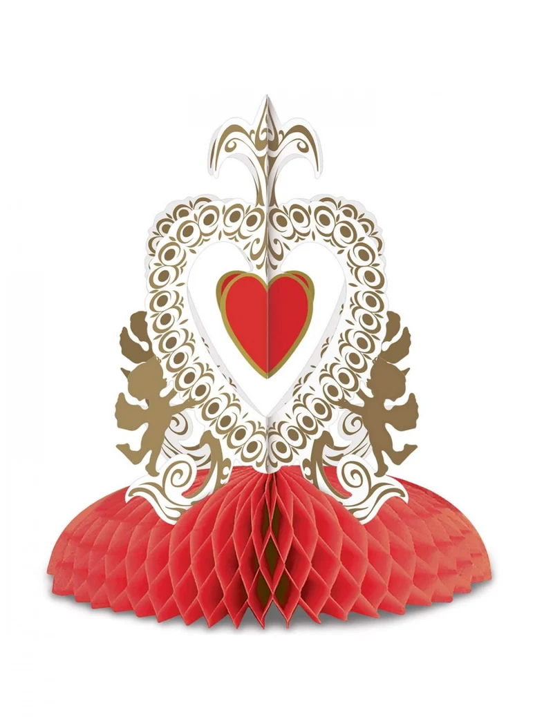 Tischdeko für den Valentinstag Herz-Aufsteller mit Engel rot-weiss-gold 30 cm