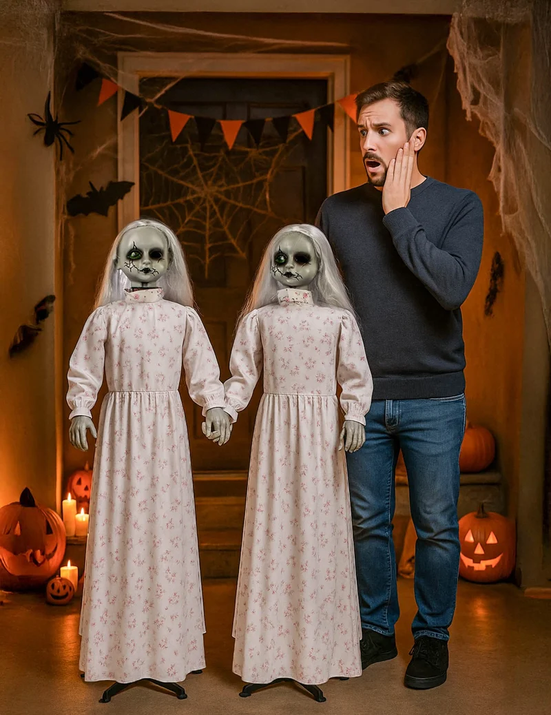 Schaurige Zwillingen Deko-Figuren für Halloween weiss-schwarz-rot