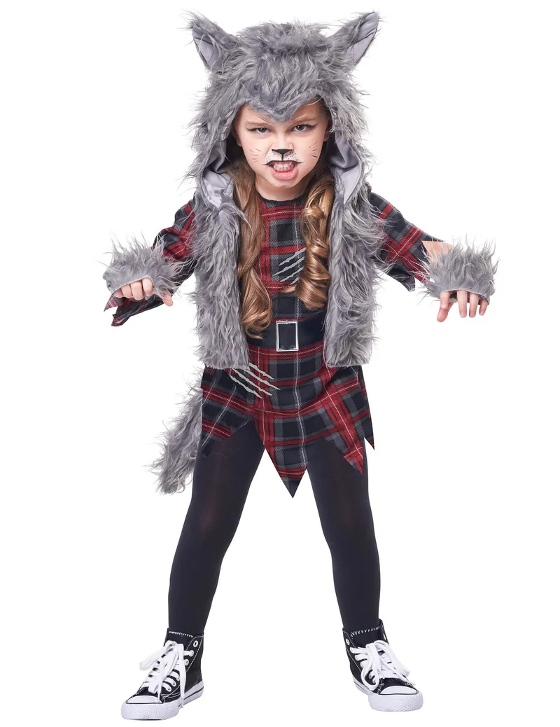 Werwolf-Kostüm für Mädchen Halloween-Verkleidung grau-rot-schwarz