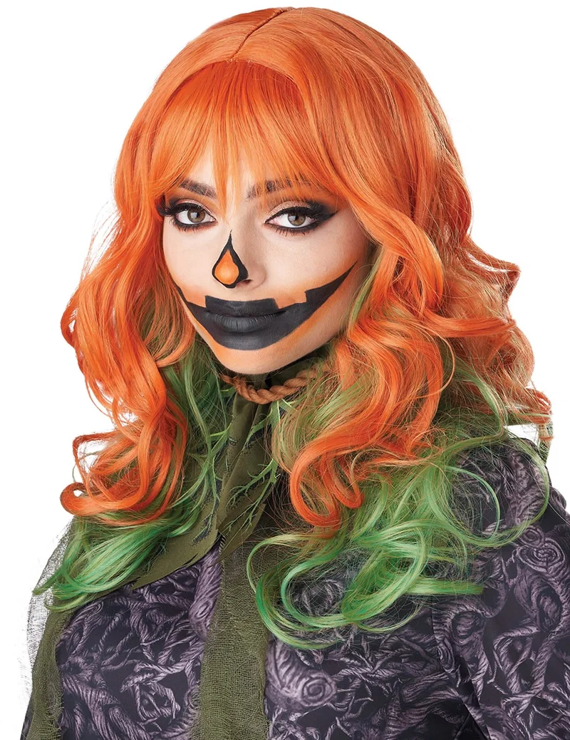 Kürbis-Perücke mit Pony wellig Damen-Accessoire orange-grün