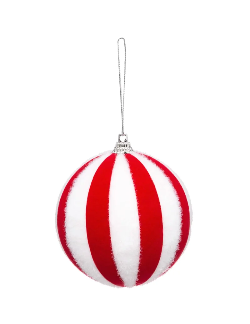 Rot-weiß gestreifte Weihnachtsbaumkugel 8 cm aus Kunstfell