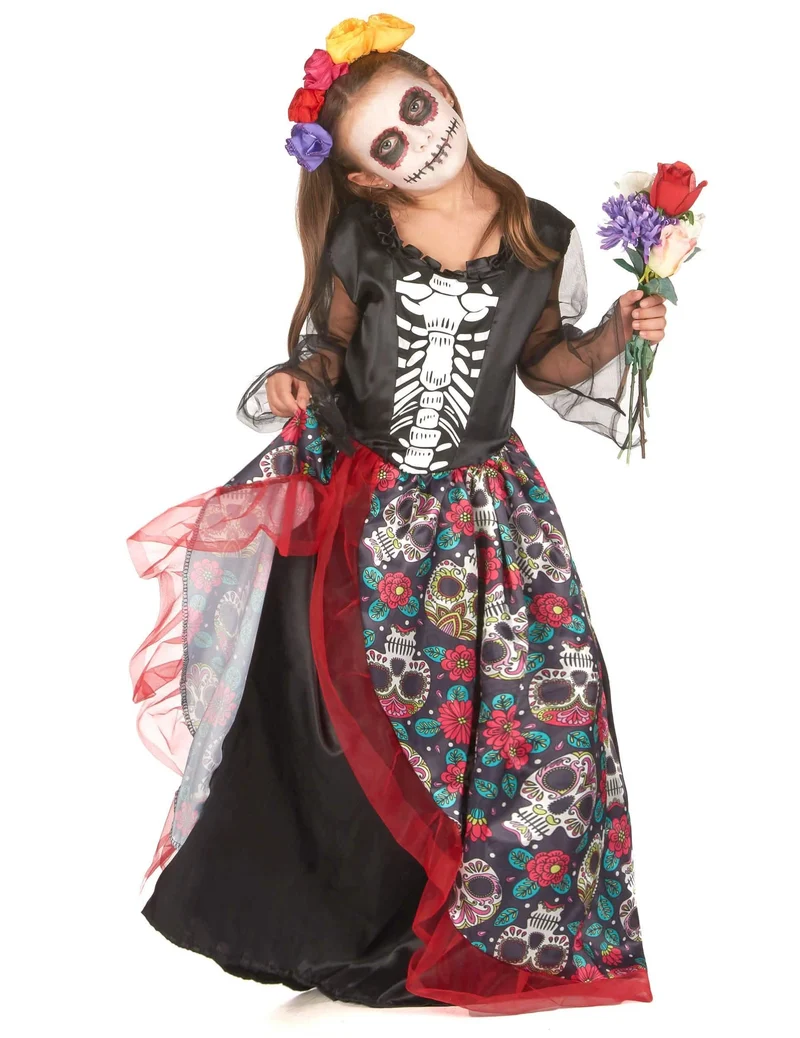 Tag der Toten-Kostüm für Mädchen Halloween-Verkleidung schwarz-bunt