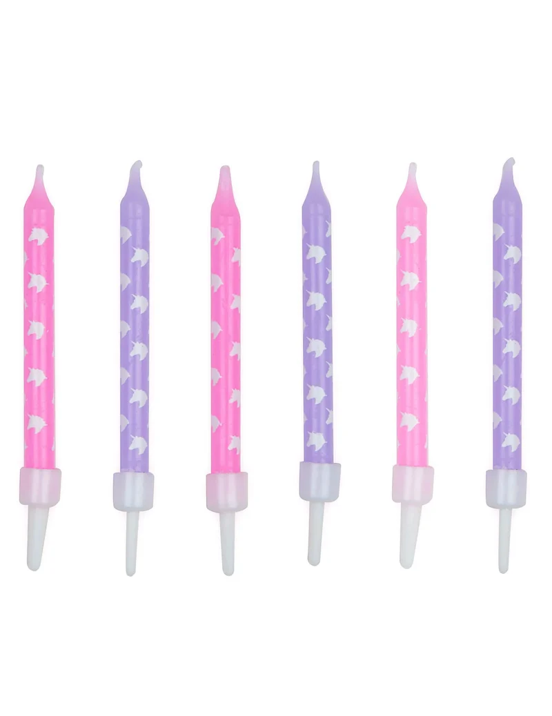12 rosa und lila Einhorn-Geburtstagskerzen 7,5 cm mit Kerzenhaltern