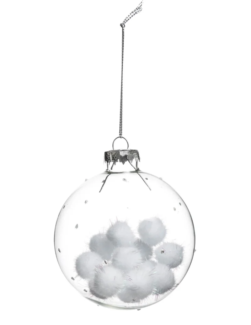 Weihnachtskugel aus Glas mit Wattebällchen 8 cm