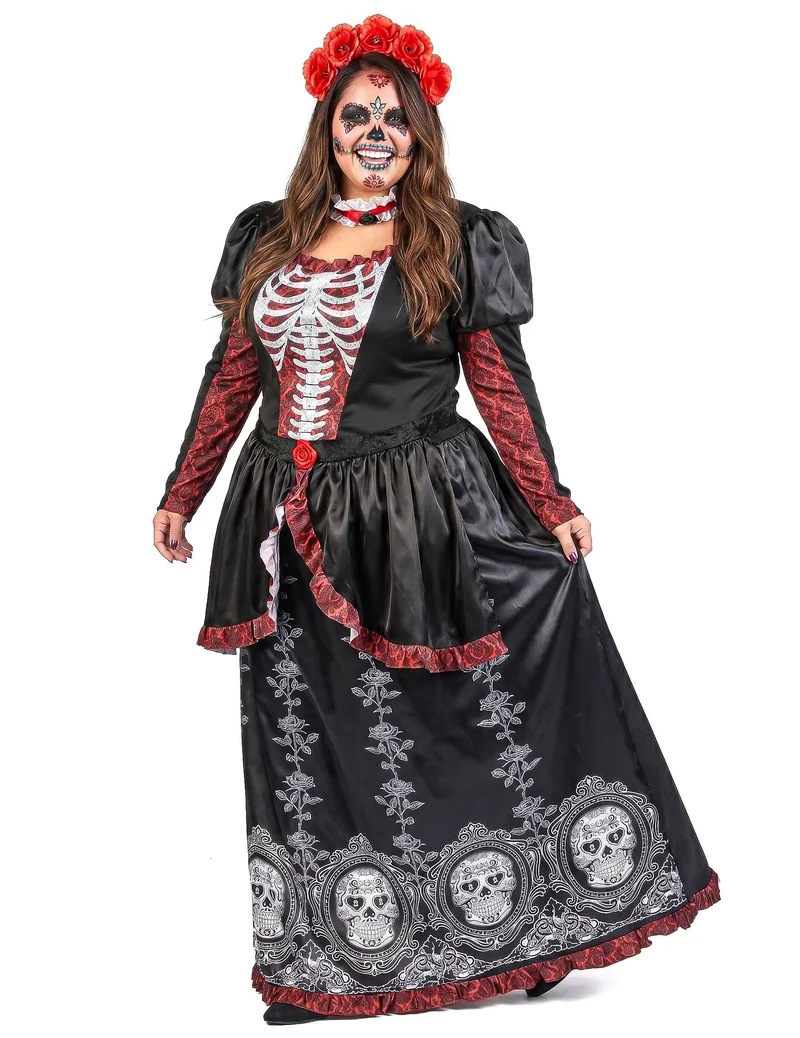 Dia de los muertos Damenkostüm in Übergröße für Frauen schwarz