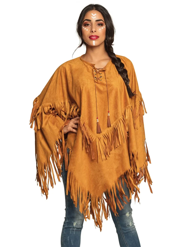 Indischer Poncho mit braunen Fransen für Damen