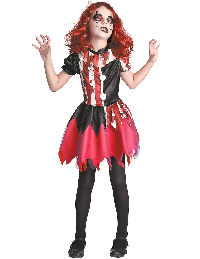Zombie-Harlekin Mädchenkostüm Halloween schwarz-weiss-rot