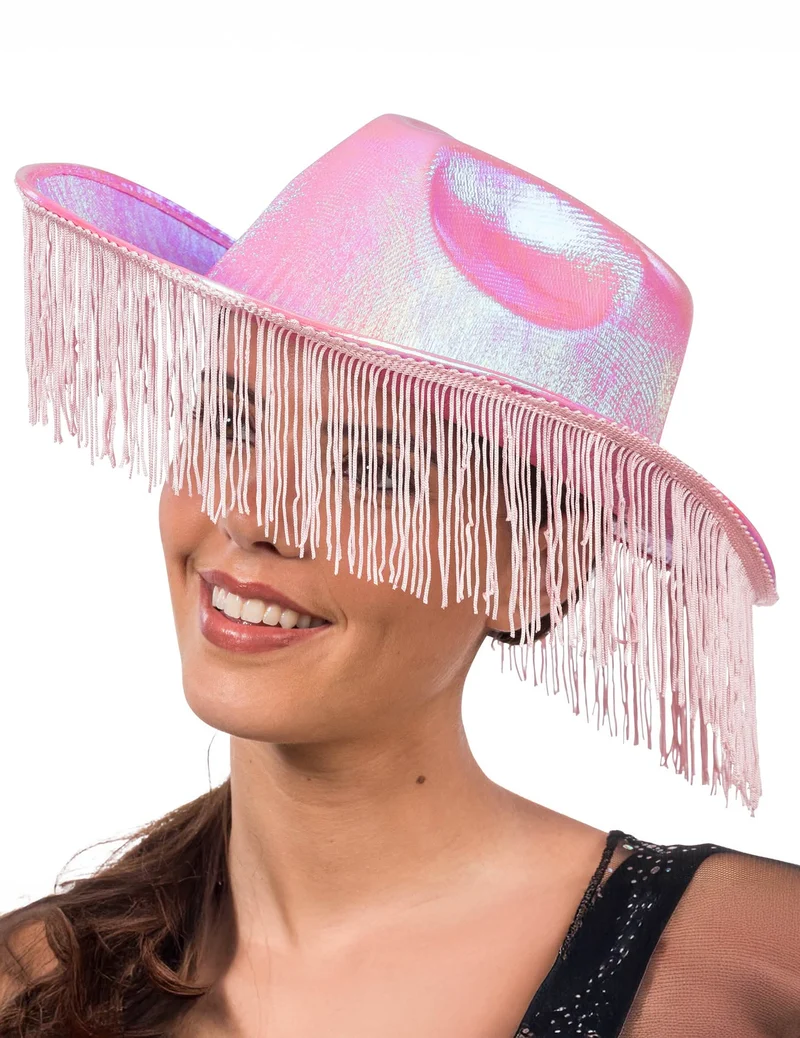 Schimmernder Cowboyhut mit Fransen für Erwachsene rosa
