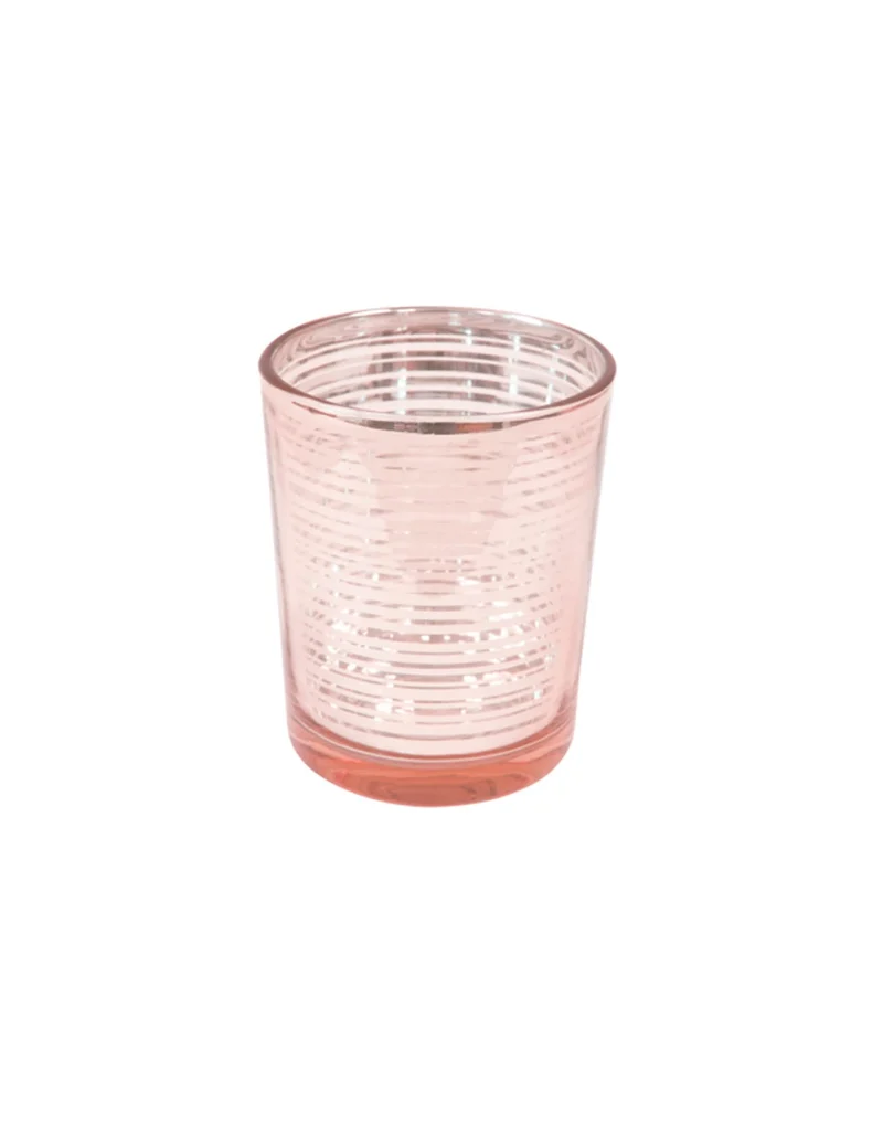 Teelichthalter aus roségoldenem, gestreiftem Glas, 6,8 cm