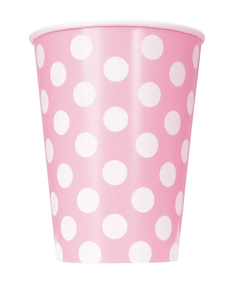 6 rosa Pappbecher mit weißen Punkten 354 ml