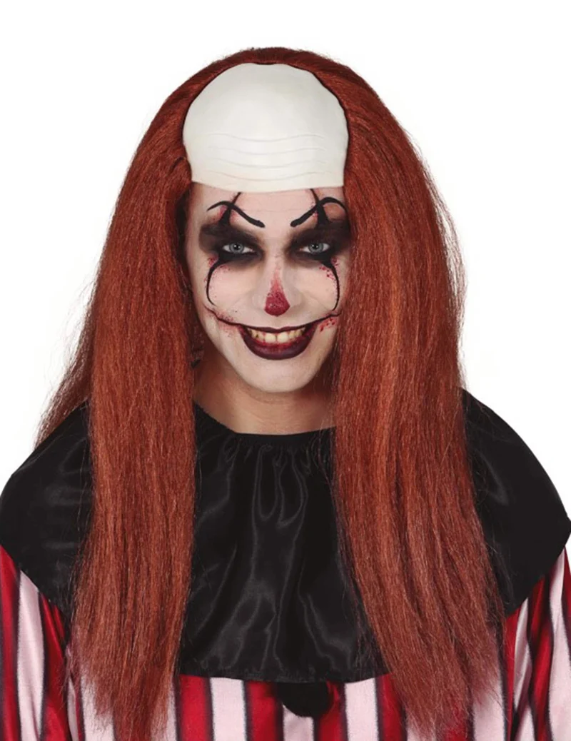 Clown-Kopfbedeckung mit Glatze und Langhaarperücke für Erwachsene Rot