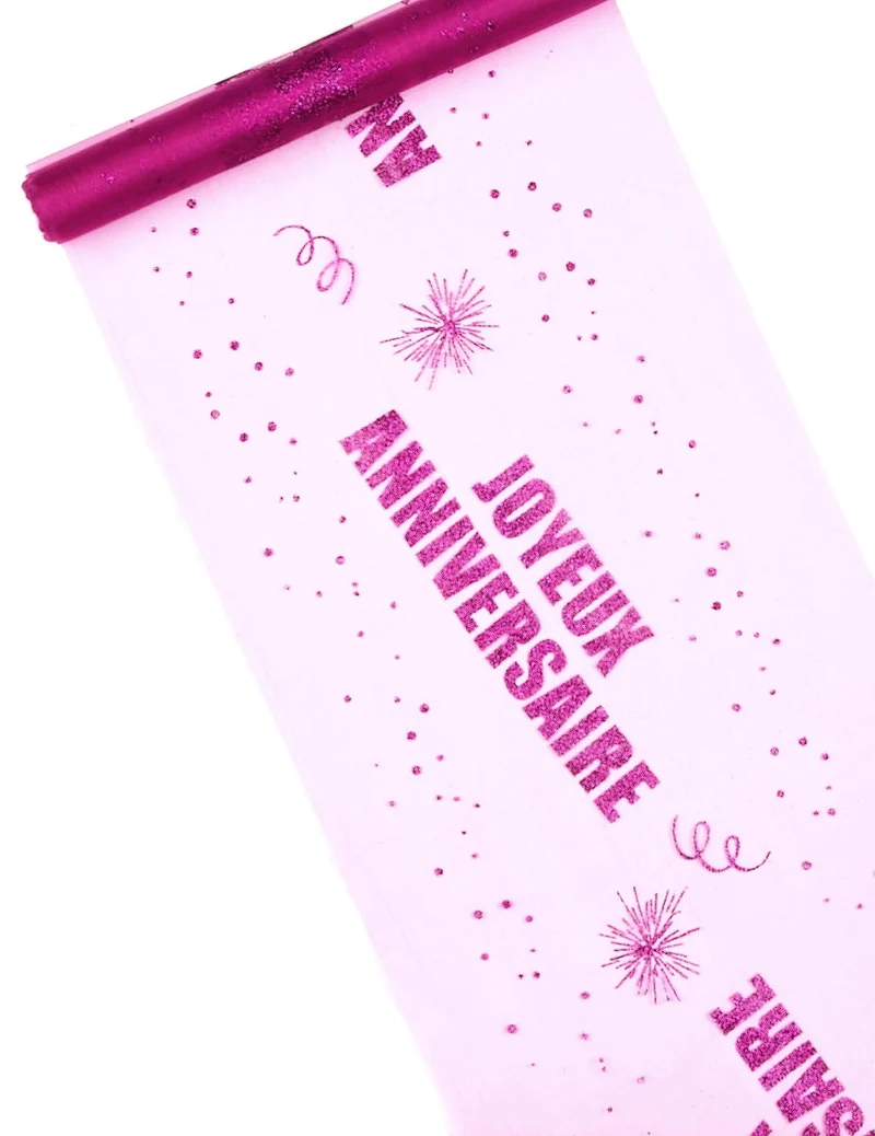 Organza Tischläufer "Happy Birthday" Fuchsia Glitzer 29 cm x 5 m