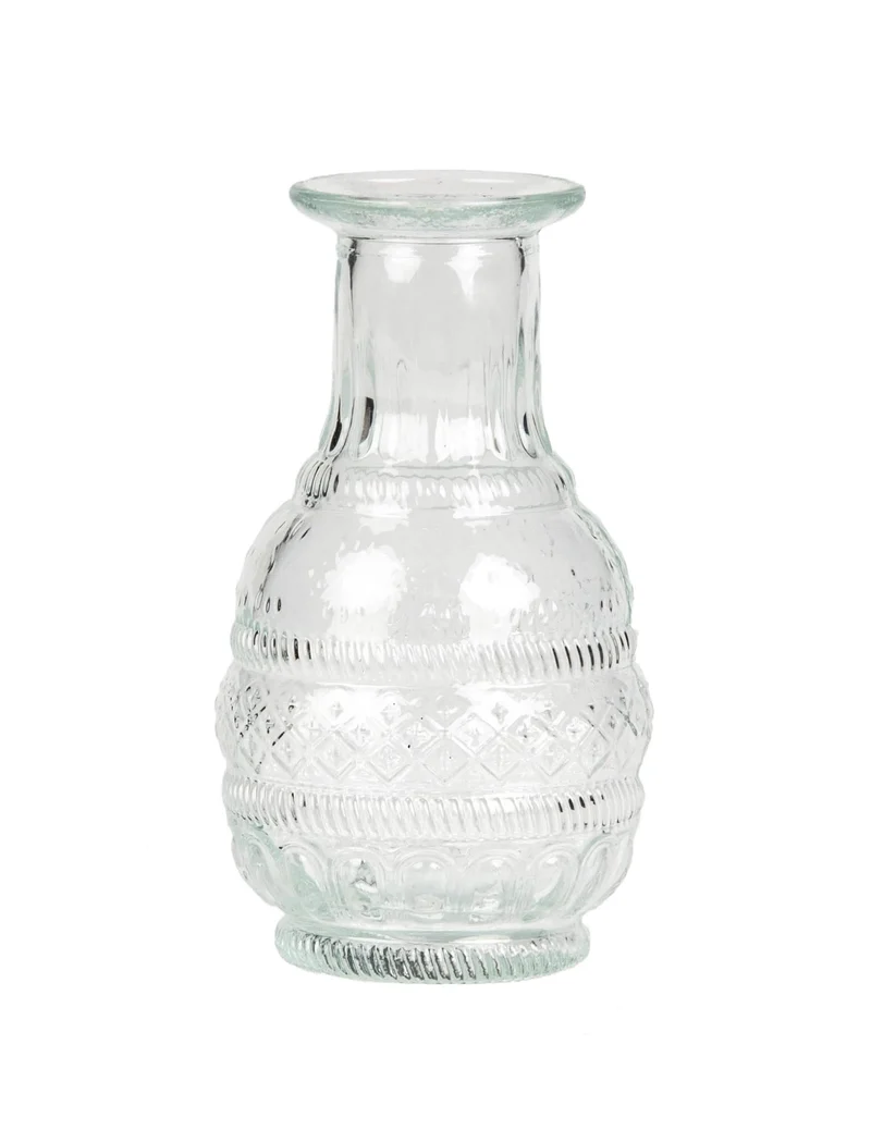 Glasvase mit antiker Gravur 7,5 x 13 cm im Boho-Stil