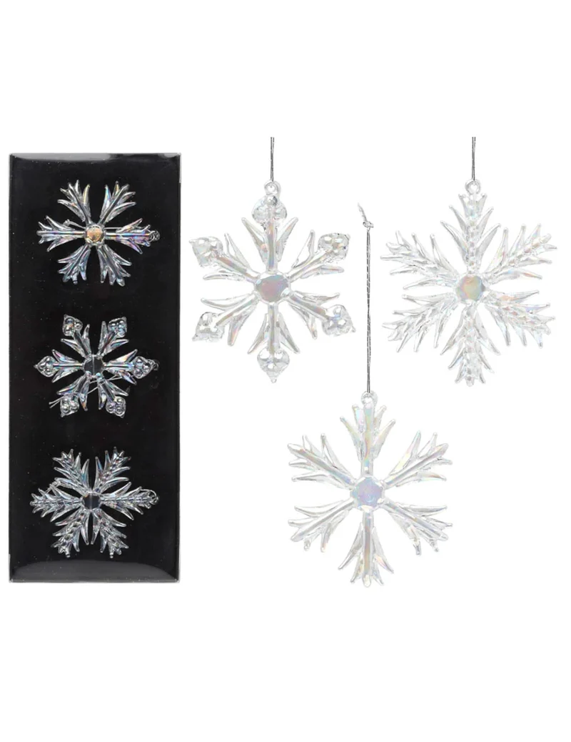 3 schillernde Glas-Schneeflocken zum Aufhängen, 7 cm, für den Weihnachtsbaum