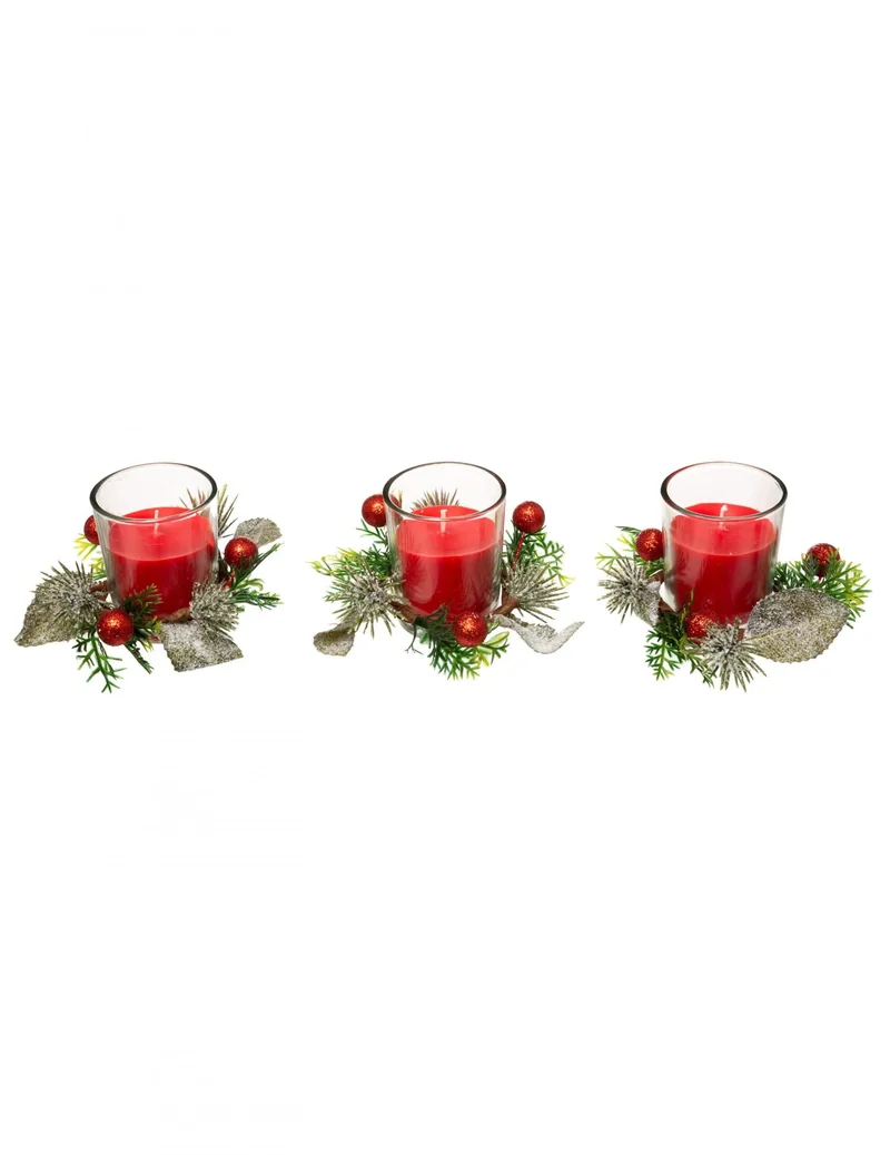 3 rote Kerzen mit Tannenbaum und Beeren 6 cm im Windlicht