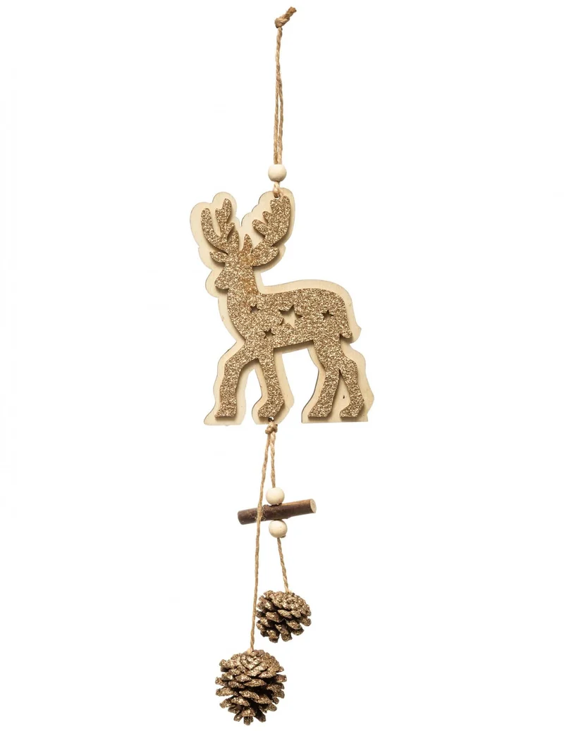 Hängende Dekoration Goldener Rentier aus Holz und Tannenzapfen 35 cm