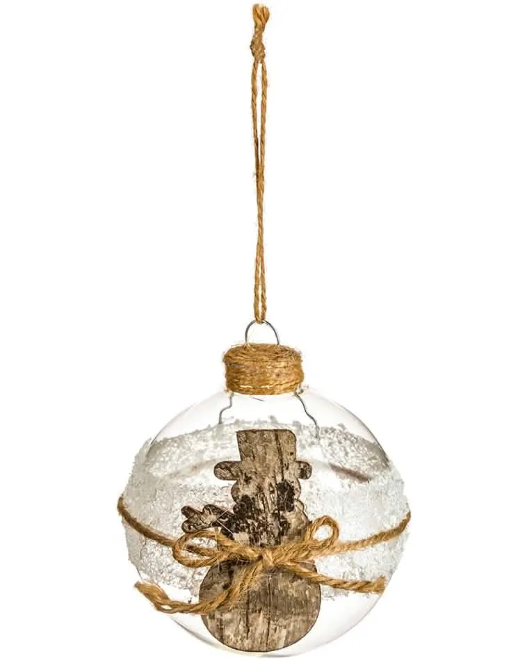 Weihnachtskugel aus Glas, Holz und Jute, gefrostet, 8 cm