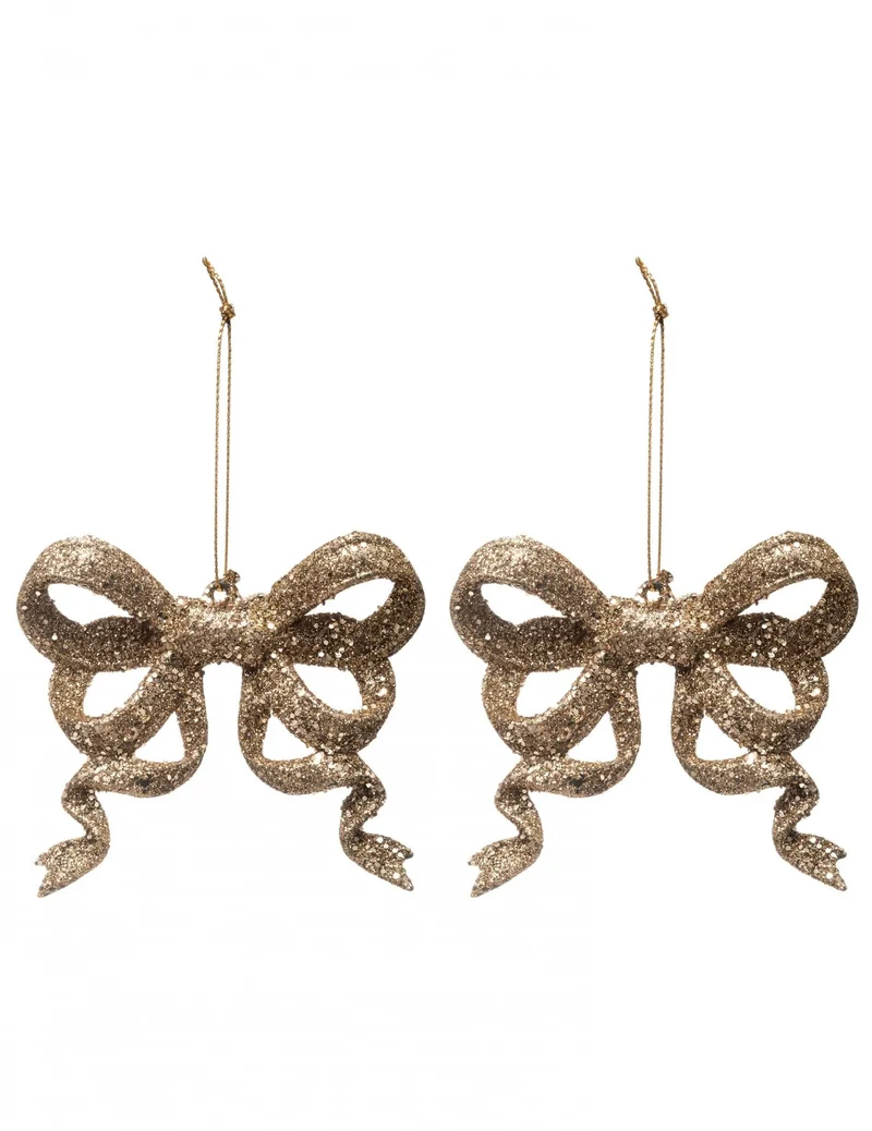 2 Goldene Glitzer-Schleifen Weihnachtsbaum-Anhänger 9 cm