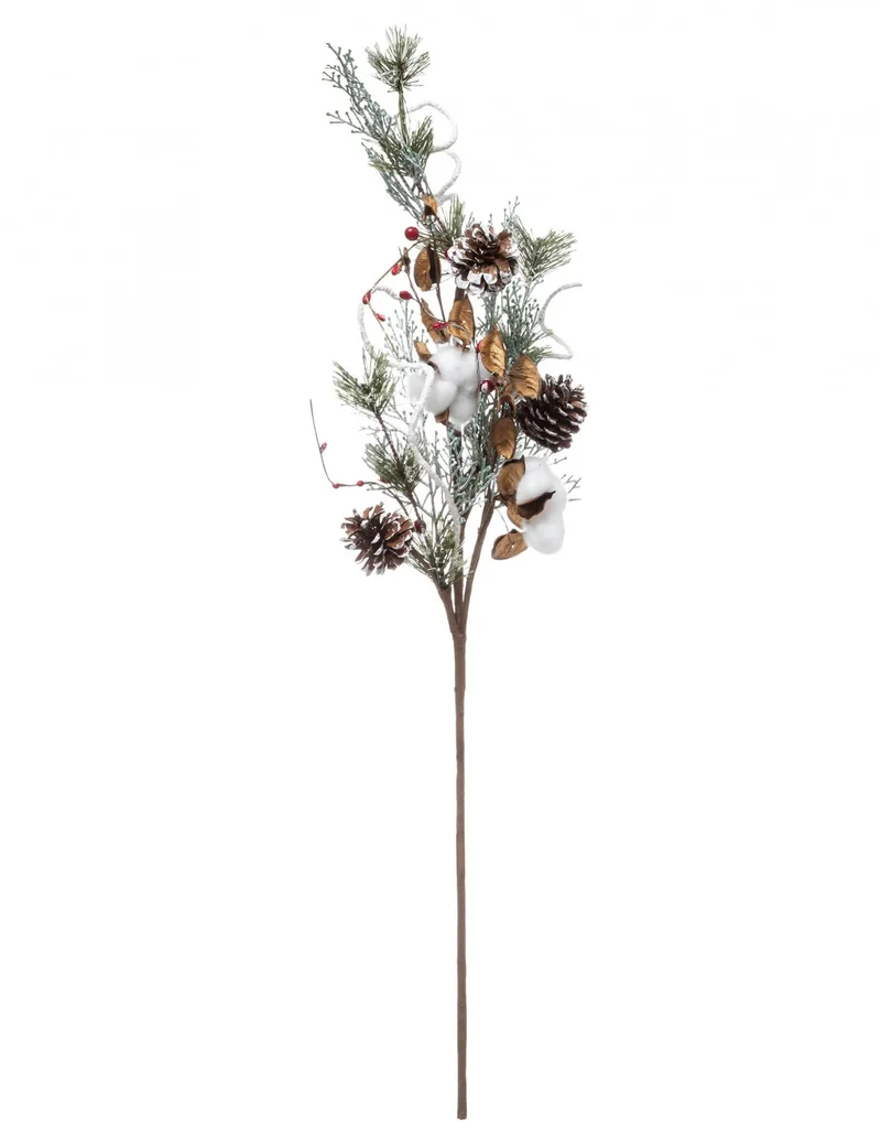 Natürlicher Zweig mit Tannenzapfen und Baumwolle 78 cm, Weihnachtsdekoration
