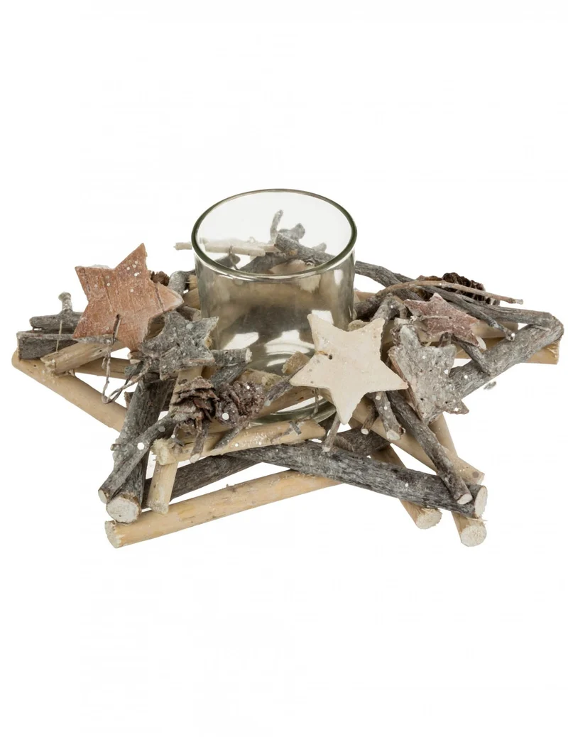 Teelichthalter mit Holzstern-Ständer 20 x 8 cm Naturdekor