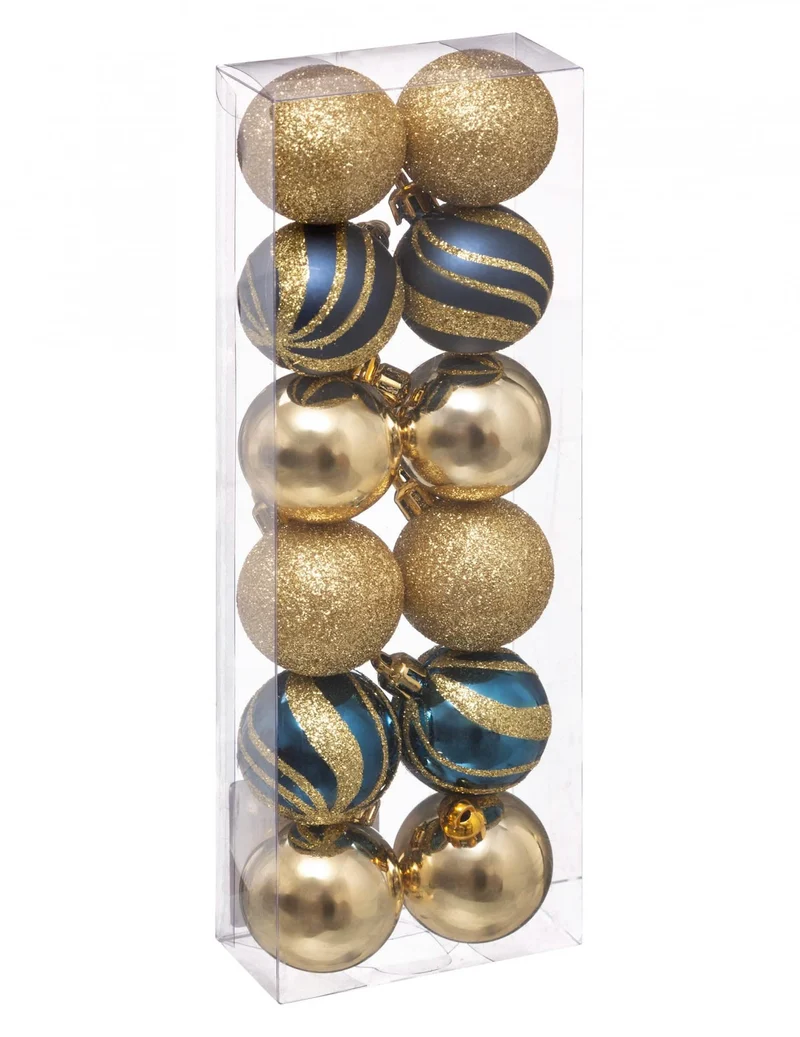 12 Mini Weihnachtskugeln blau und gold 4 cm glitzernd
