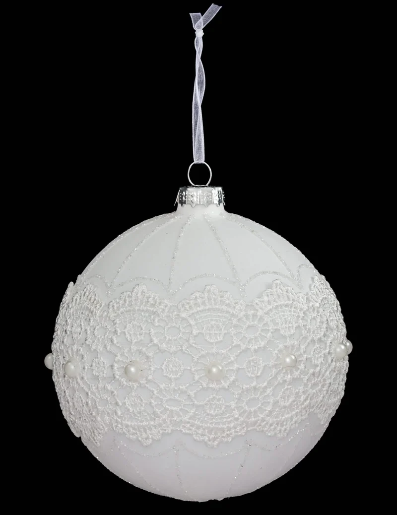 Weihnachtskugel aus Glas mit weißer Spitze 10 cm elegant