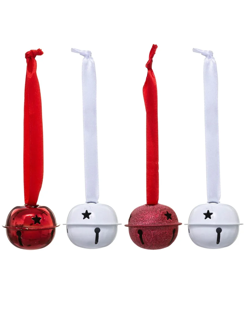 4 weiße und rote Glöckchen-Anhänger mit Band 4 cm für den Weihnachtsbaum