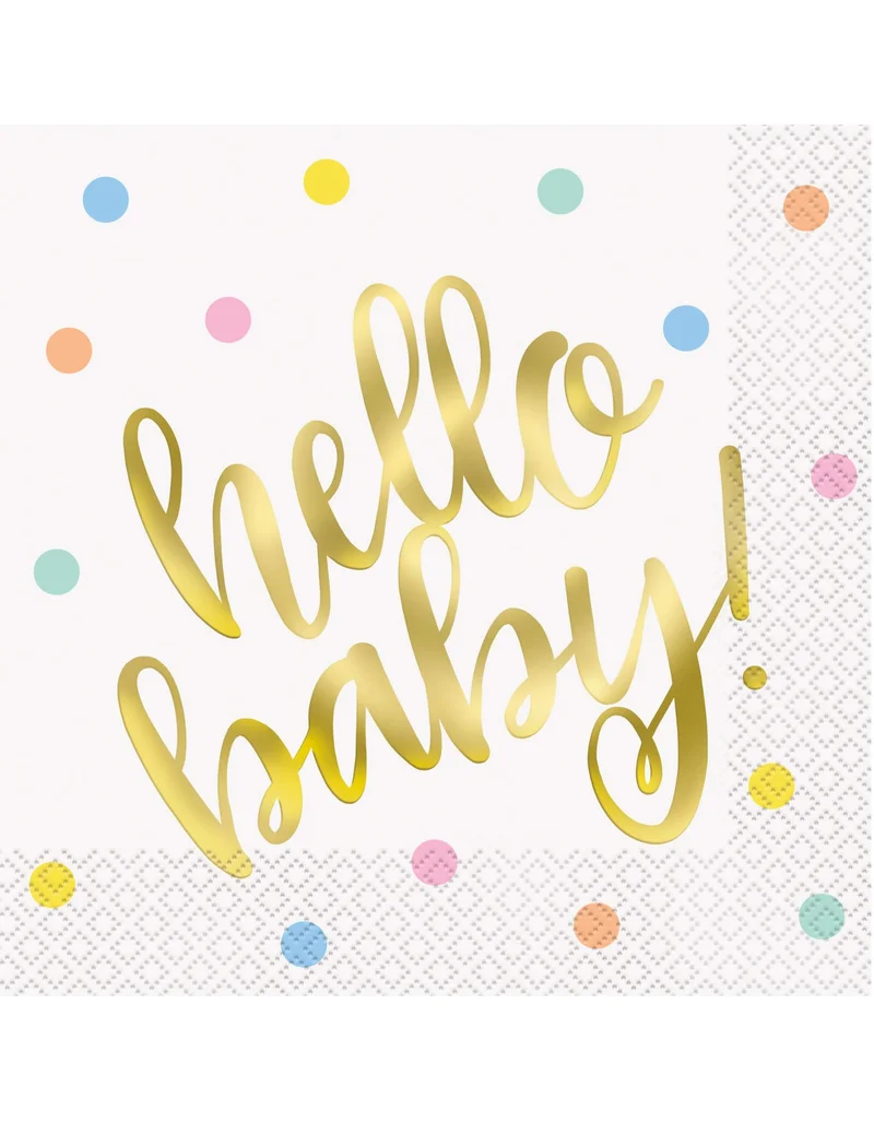 16 Hello Baby Servietten aus Papier, weiß und gold, 33 x 33 cm für Babyparty