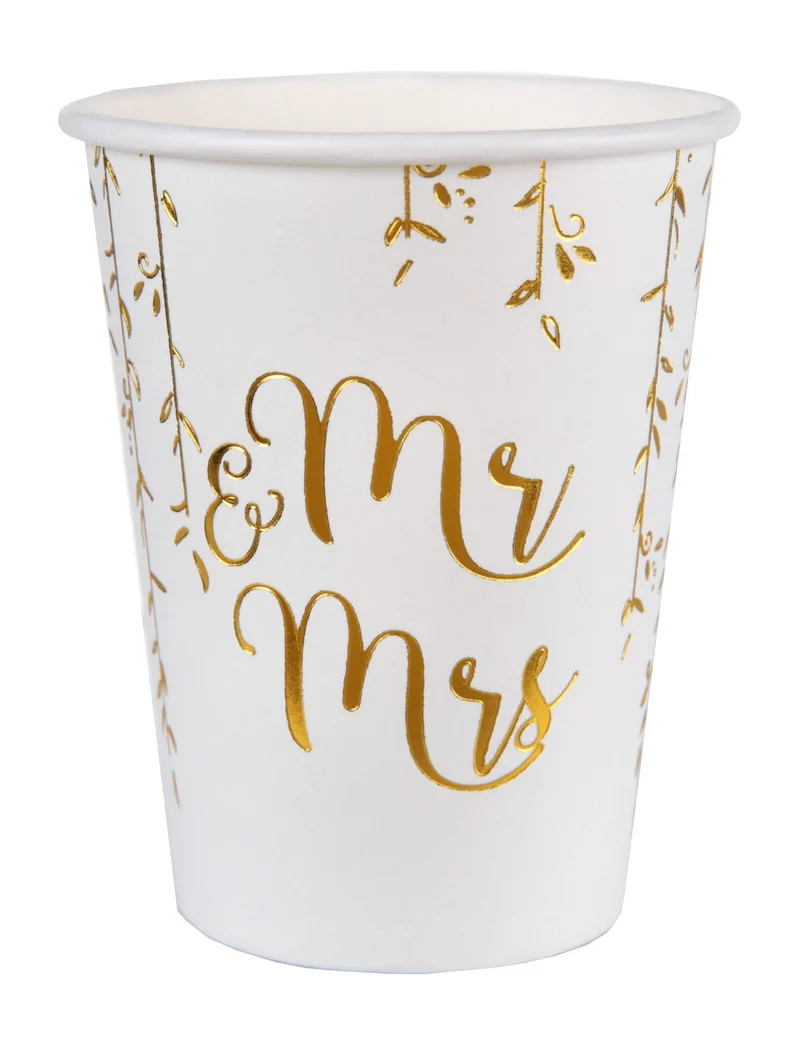 10 Just Married Becher aus weißem und goldenem Metallkarton