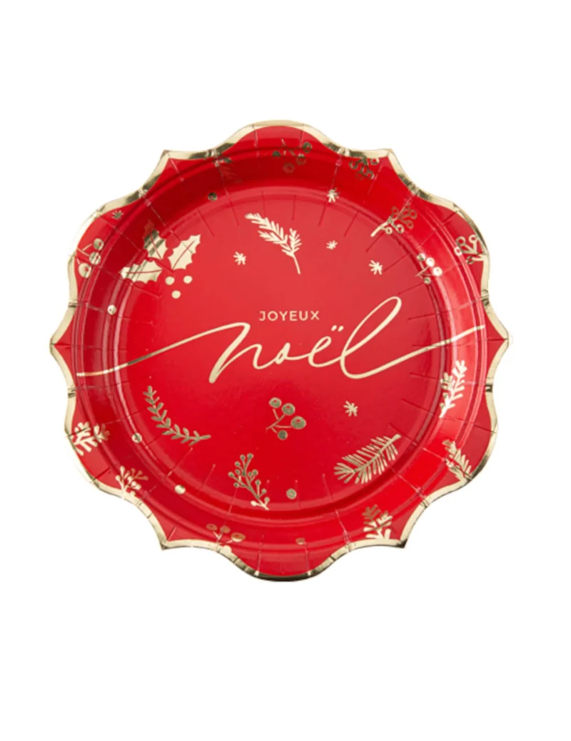 8 rote und goldene Weihnachtsteller mit Stechpalmenmotiv, 23 cm, aus Pappe