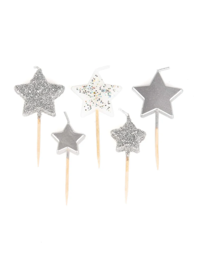5 sternförmige Kerzen auf Spieß, silbergrau schimmernd, 7 cm, glitzernd