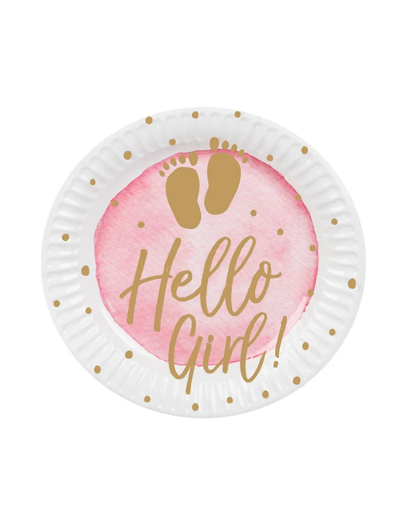 10 Hello Girl Pappteller, rosa und gold, 23 cm für Babyparty