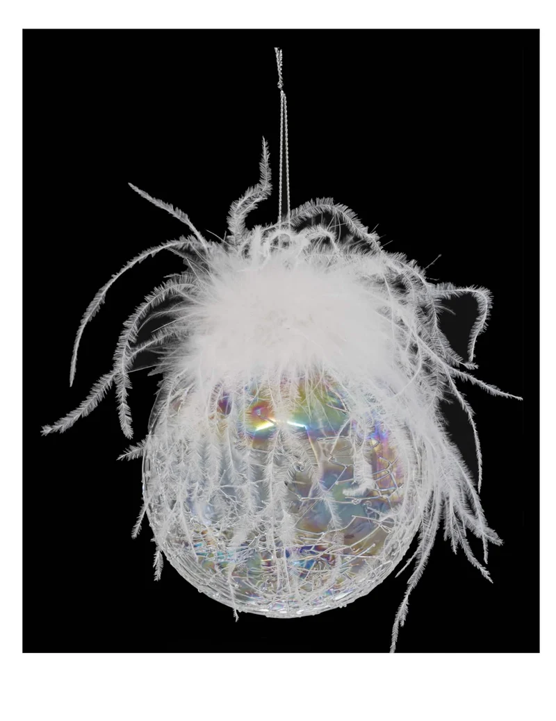Irisierende Glas-Weihnachtskugel mit Federn, 10 cm, Craquelé-Effekt