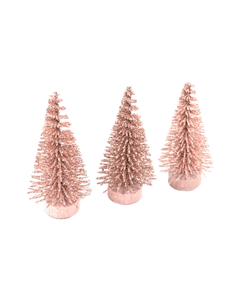 3 Kleine künstliche Tannenbäume in Roségold mit Glitzer 5,5 x 2,5 cm