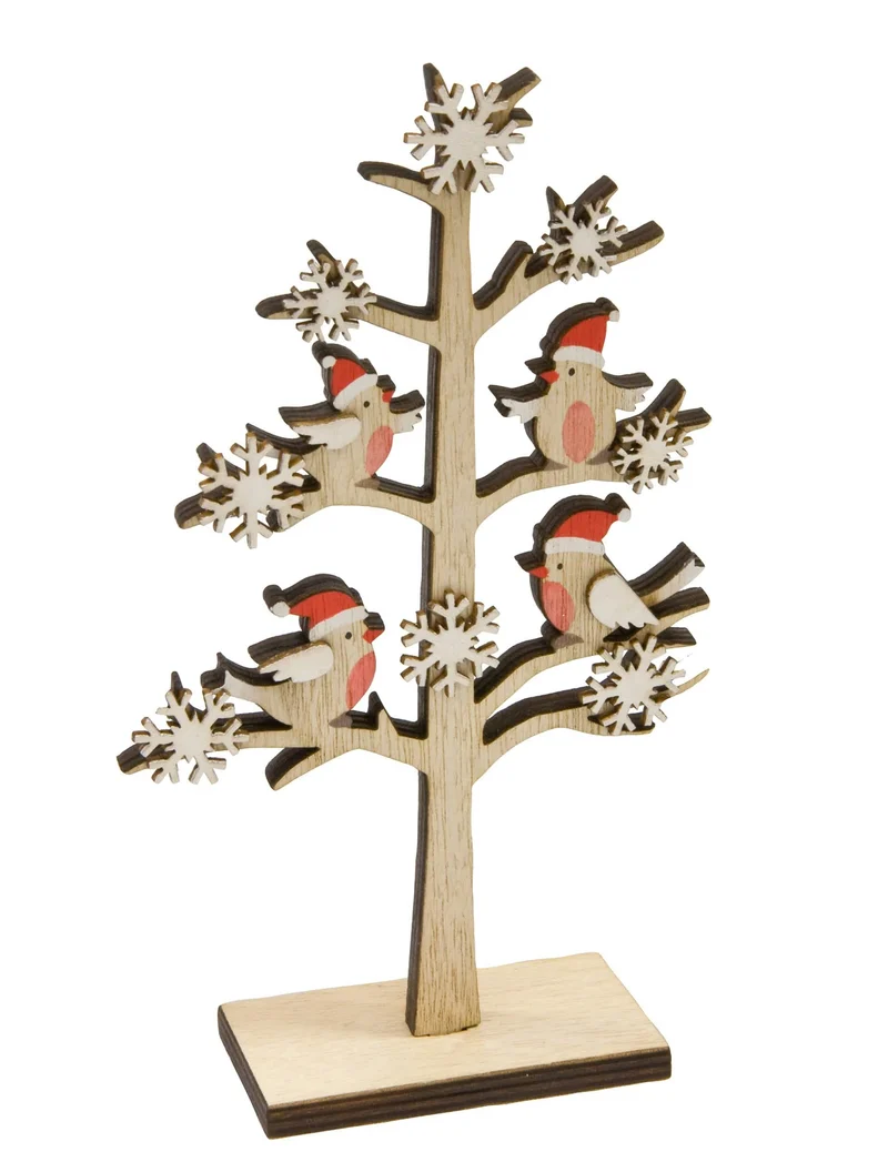 Holzdekoration Baum mit sitzenden Vögeln und Weihnachtsflocken 18 x 11 x 4 cm