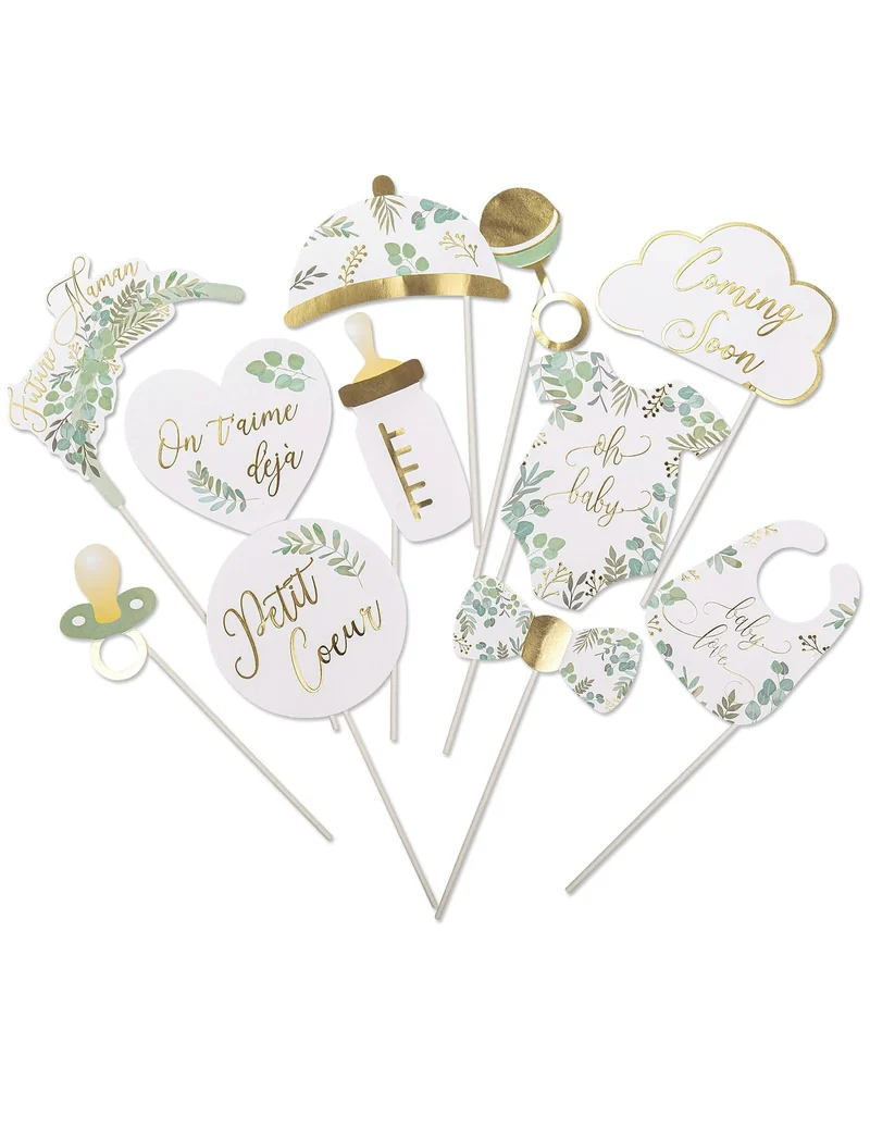Photobooth-Set 11 Accessoires Oh Baby Eukalyptus Vergoldung und Gold für Babyparty