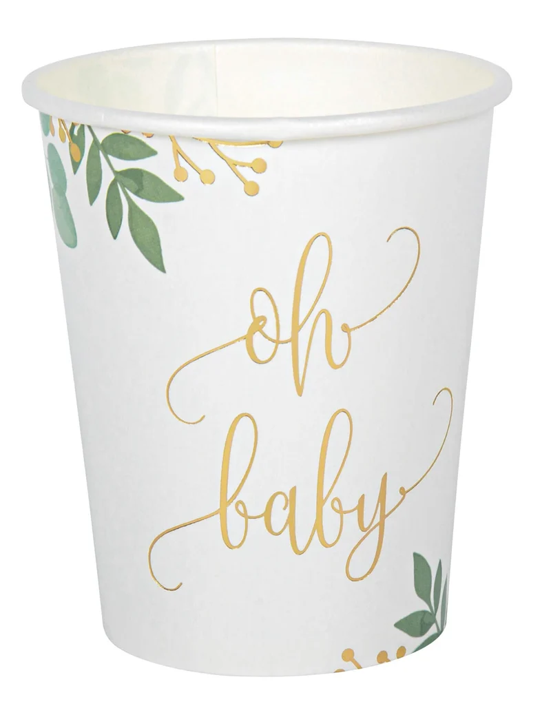 8 Pappbecher "Oh Baby Eukalyptus Goldfolie" 250 ml für Babyparty