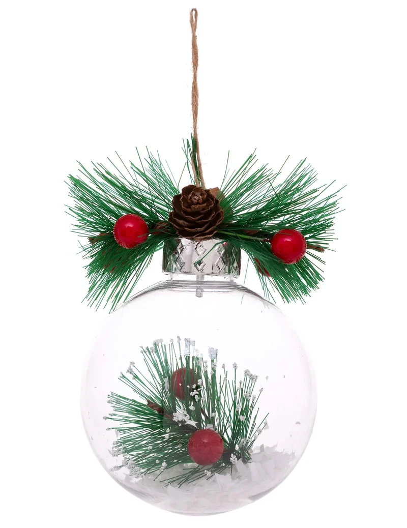 Natürliche Weihnachtsbaumkugel mit Schnee und Tanne 8 cm, zufälliges Modell mit Kiefernzapfen