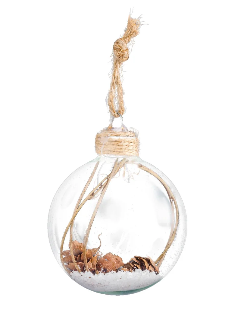 Weihnachtsglaskugel mit Tannenzapfen 6 cm und Schnee