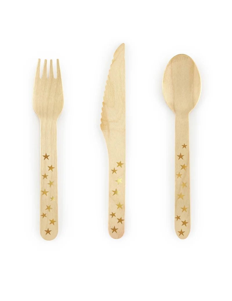 18 goldene Sternen-Holzbestecke 16 cm, Einweggeschirr