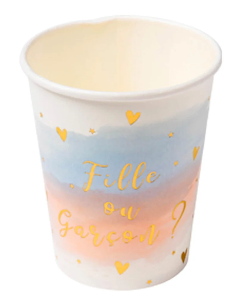 8 Pappbecher Junge oder Mädchen rosa blau und gold 255 ml Babyparty
