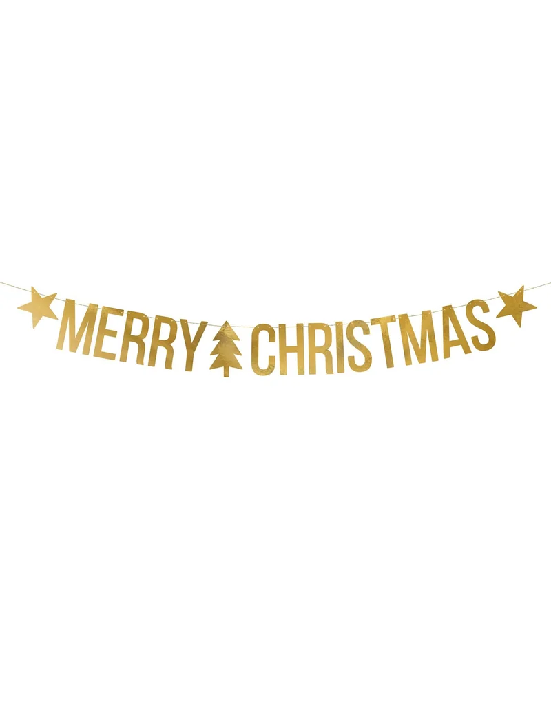 Goldene Merry Christmas Girlande 150 x 10,5 cm aus Pappe zum Aufhängen