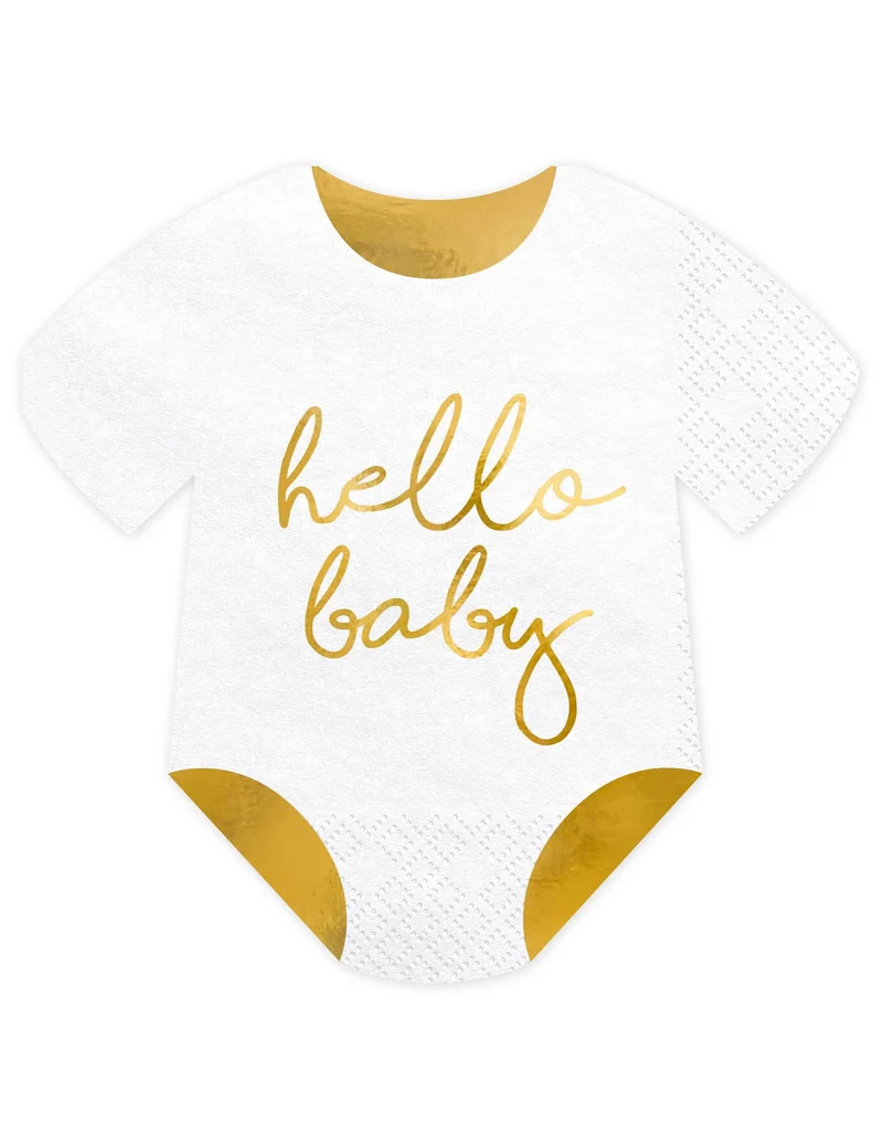 20 Papier-Servietten Body Hello Baby Weiß und Gold 16 x 16 cm