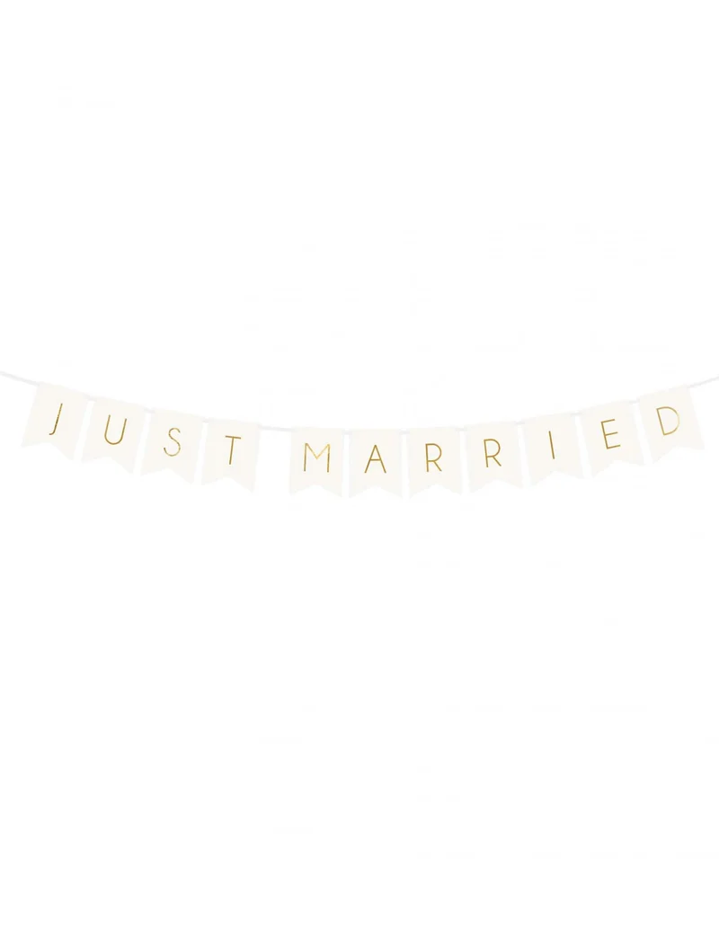 Girlande mit Wimpeln, weiß und gold, just married, 155 cm, aus Karton