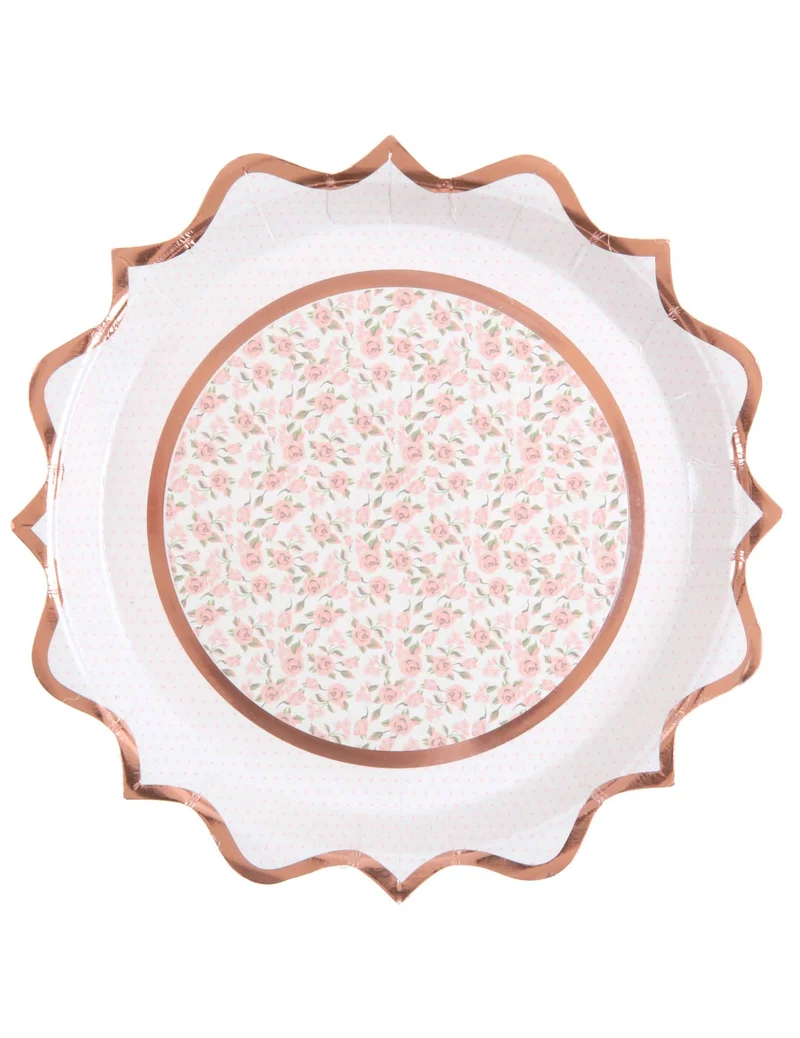 10 Pappteller Rosa Gold Blumenmuster 22,5 cm schick und romantisch