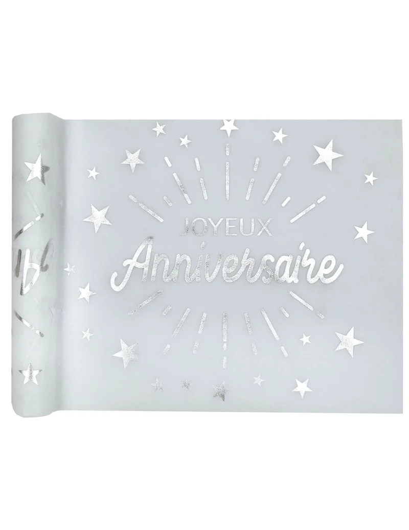 Tischläufer Vliesstoff Geburtstag Weiß und Silber Sterne 5m x 30 cm
